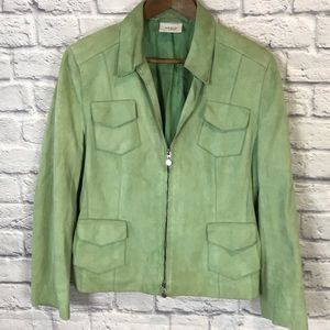 AKRIS Punto Suede Leather Green Zip Jacket Womens Size 12 Fully Lined Pockets